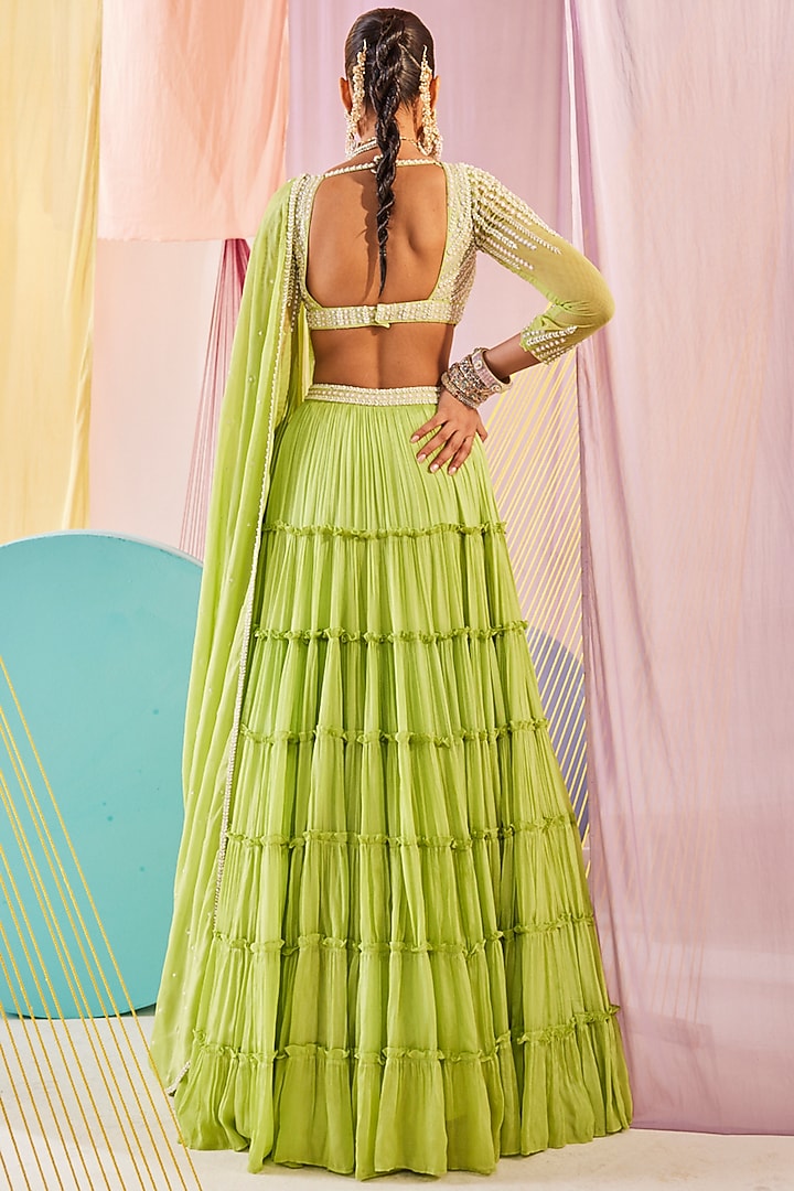 Lime Green Chinon Chiffon Resham Embroidered Tiered Wedding Lehenga Set by Anu Pellakuru at Pernia's Pop Up Shop