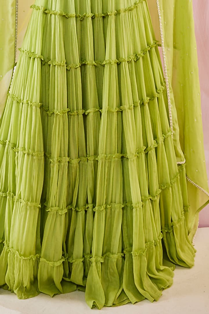 Lime Green Chinon Chiffon Resham Embroidered Tiered Wedding Lehenga Set by Anu Pellakuru at Pernia's Pop Up Shop