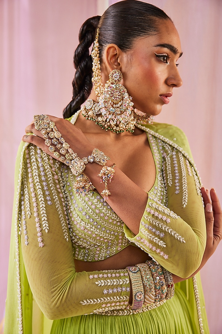 Lime Green Chinon Chiffon Resham Embroidered Tiered Wedding Lehenga Set by Anu Pellakuru at Pernia's Pop Up Shop