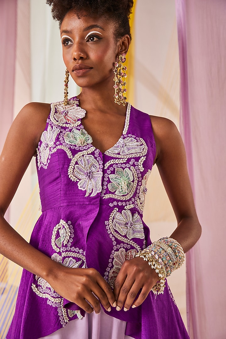 Lavender Satin Draped Pant Set by Anu Pellakuru at Pernia's Pop Up Shop