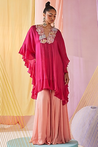 Peach Satin Chiffon Hand-Dyed Sharara Set by Anu Pellakuru