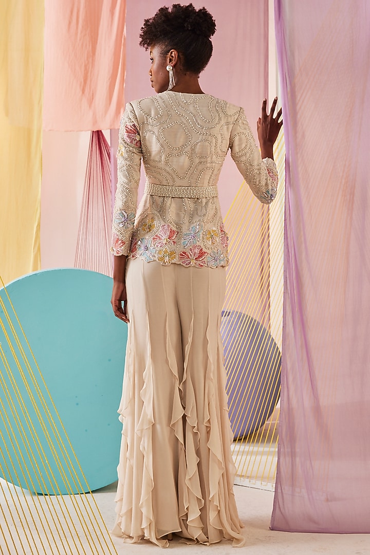 Off-White Raw Silk Floral Embroidered Jacket Set by Anu Pellakuru at Pernia's Pop Up Shop