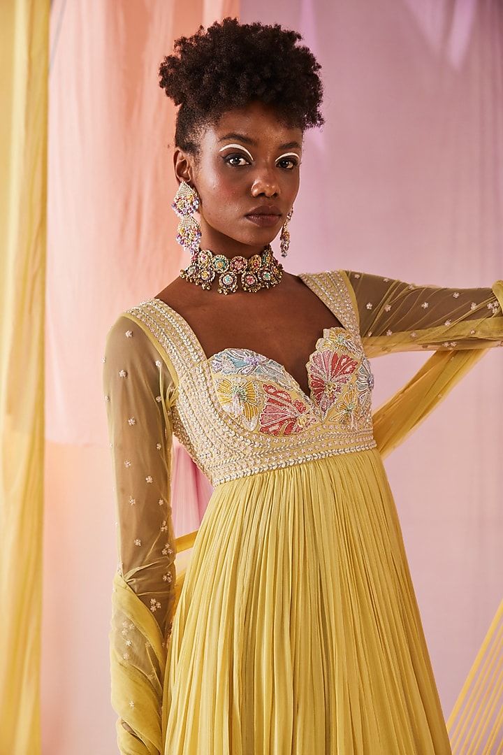 Butter Yellow Raw Silk & Chinon Chiffon Hand Embroidered Wedding Anarkali Set by Anu Pellakuru at Pernia's Pop Up Shop