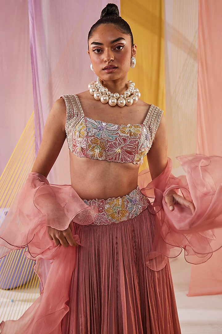 Mauve Chinon Chiffon Embroidered Wedding Lehenga Set by Anu Pellakuru at Pernia's Pop Up Shop