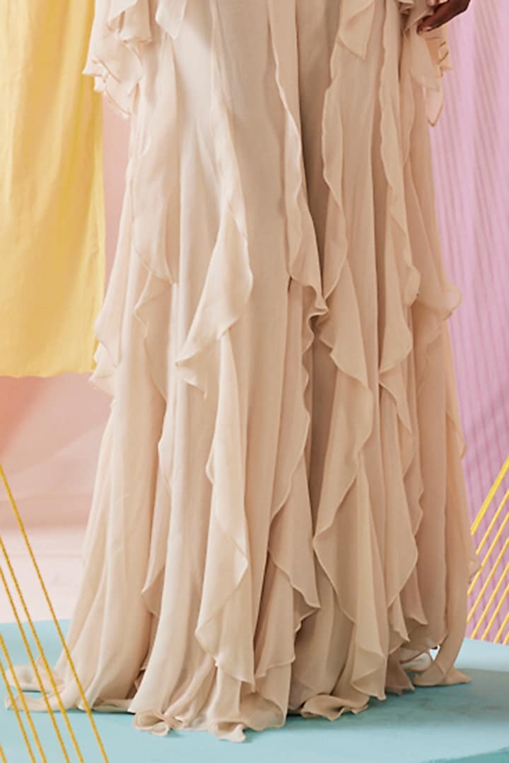Off-White Georgette Ruffled Palazzo Set by Anu Pellakuru at Pernia's Pop Up Shop