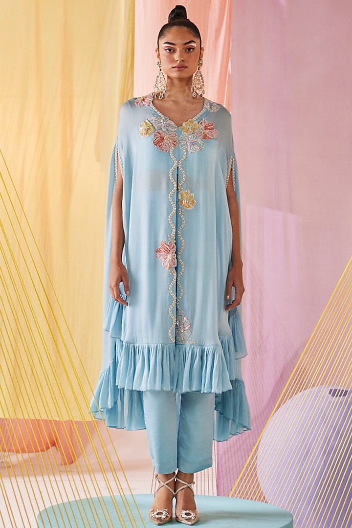 Powder Blue Modal Silk Hand Embroidered Tunic Set by Anu Pellakuru