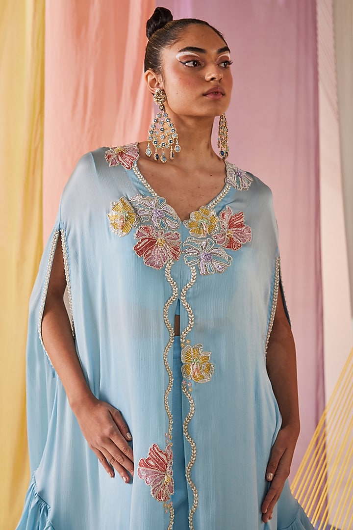 Powder Blue Modal Silk Hand Embroidered Tunic Set by Anu Pellakuru at Pernia's Pop Up Shop