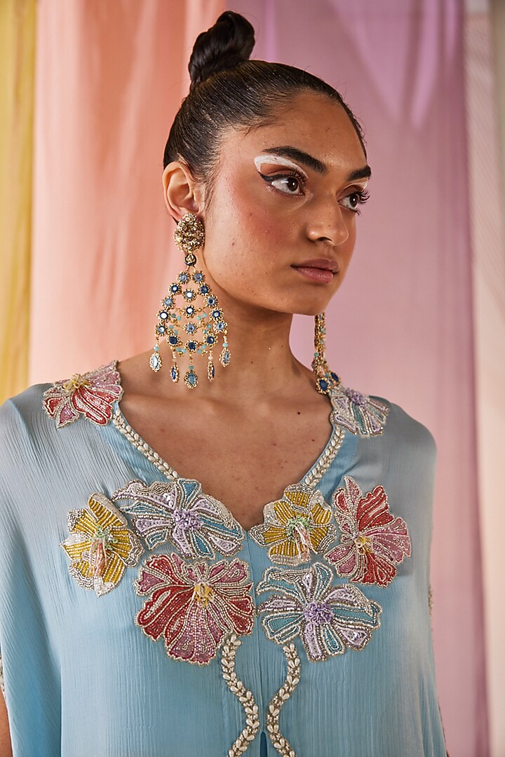 Powder Blue Modal Silk Hand Embroidered Tunic Set by Anu Pellakuru at Pernia's Pop Up Shop