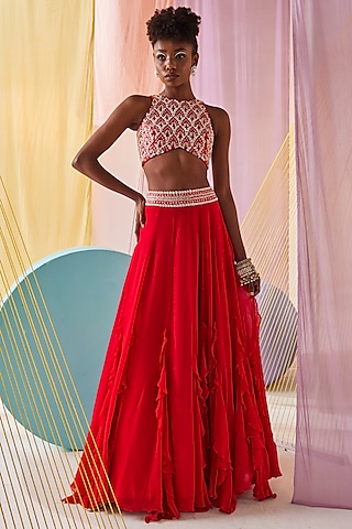 Red Georgette Hand Embroidered Lehenga Set by Anu Pellakuru