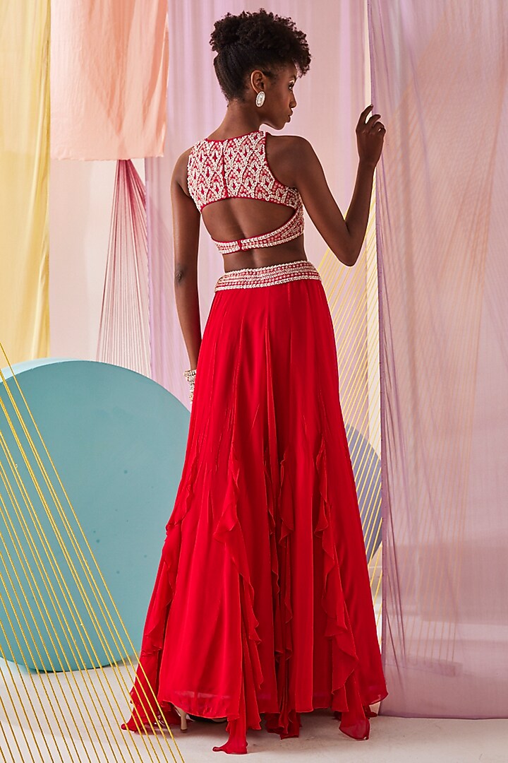 Red Georgette Hand Embroidered Wedding Lehenga Set by Anu Pellakuru at Pernia's Pop Up Shop