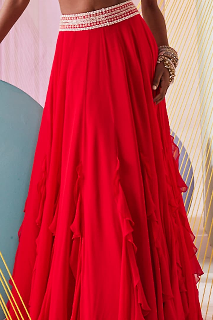 Red Georgette Hand Embroidered Wedding Lehenga Set by Anu Pellakuru at Pernia's Pop Up Shop