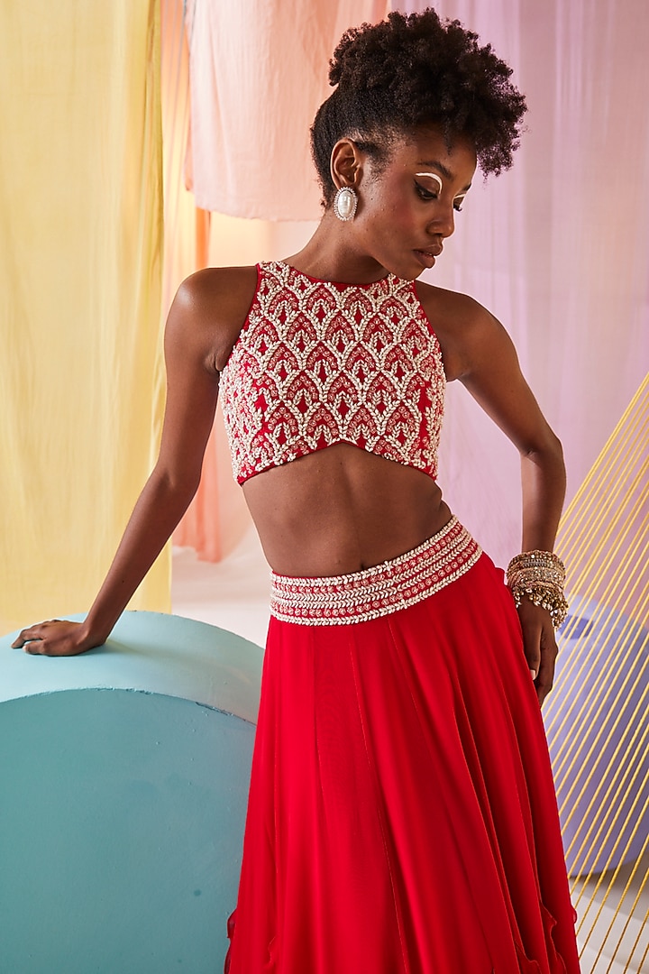 Red Georgette Hand Embroidered Wedding Lehenga Set by Anu Pellakuru at Pernia's Pop Up Shop