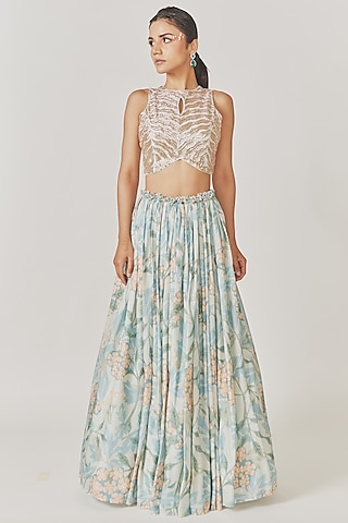 Ice Blue Muslin Silk Gathered Lehenga Set by Anu Pellakuru