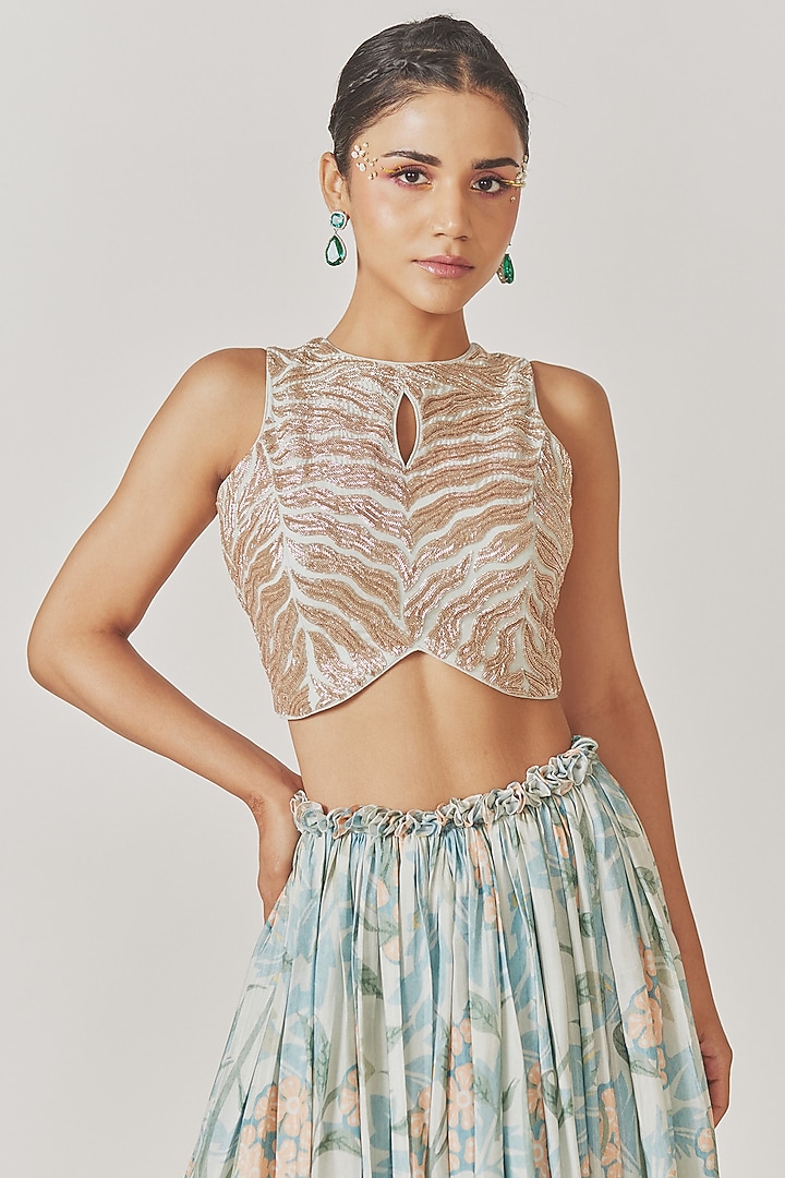 Ice Blue Muslin Silk Gathered Wedding Lehenga Set by Anu Pellakuru at Pernia's Pop Up Shop
