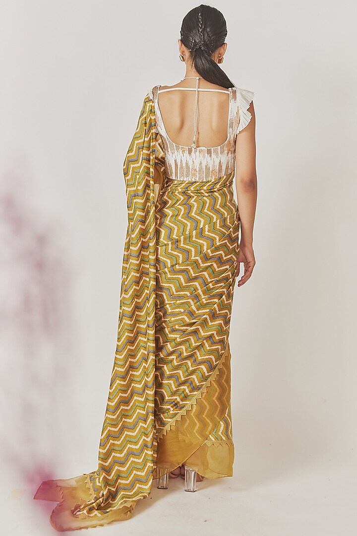 Ochre Yellow Muslin Silk Chevron Printed Wedding Saree Set by Anu Pellakuru at Pernia's Pop Up Shop