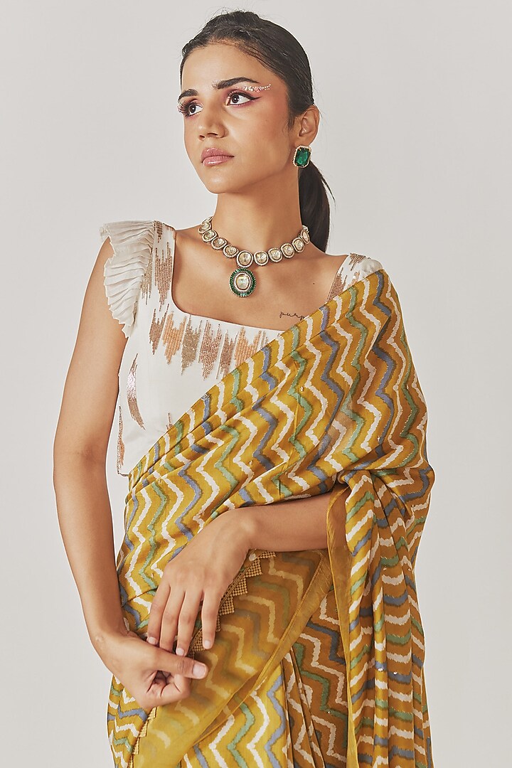 Ochre Yellow Muslin Silk Chevron Printed Wedding Saree Set by Anu Pellakuru at Pernia's Pop Up Shop