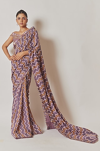 Lilac Muslin Silk Printed Saree Set by Anu Pellakuru