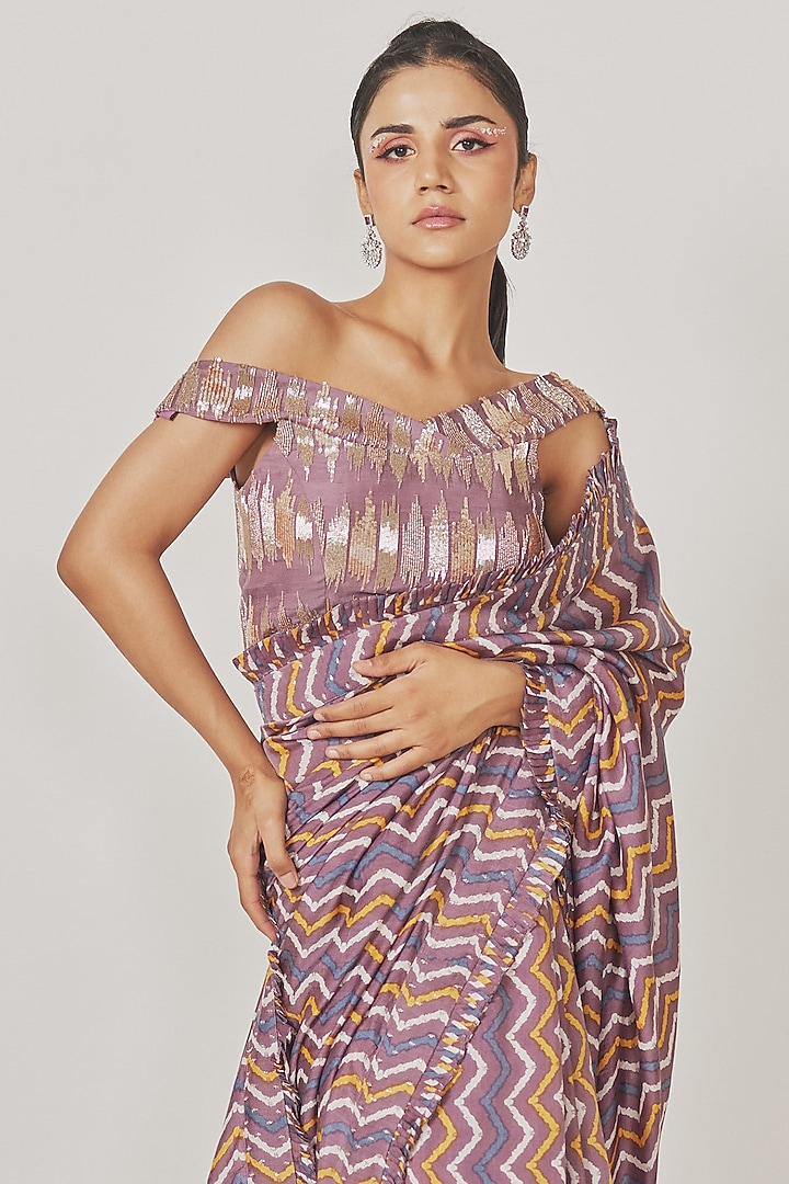 Lilac Muslin Silk Printed Wedding Saree Set by Anu Pellakuru at Pernia's Pop Up Shop