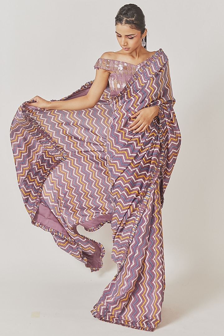 Lilac Muslin Silk Printed Wedding Saree Set by Anu Pellakuru at Pernia's Pop Up Shop