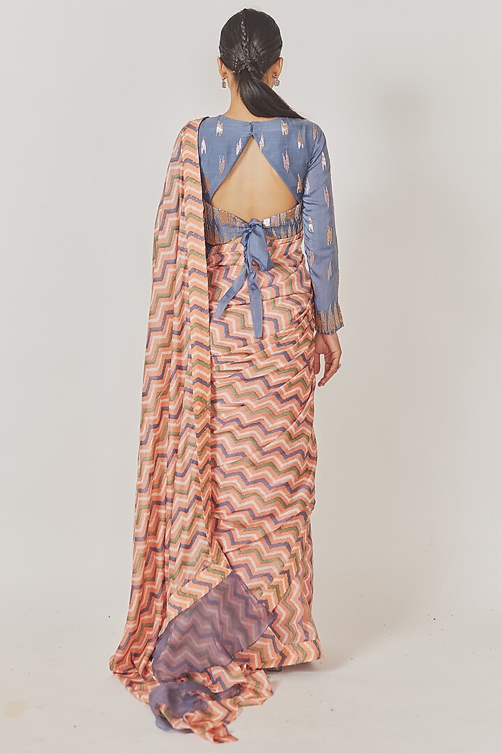 Peach Muslin Silk Chevron Printed Wedding Saree Set by Anu Pellakuru at Pernia's Pop Up Shop