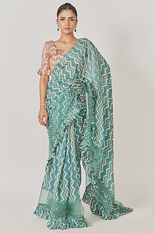Sea Green Muslin Silk Chevron Printed Saree Set by Anu Pellakuru
