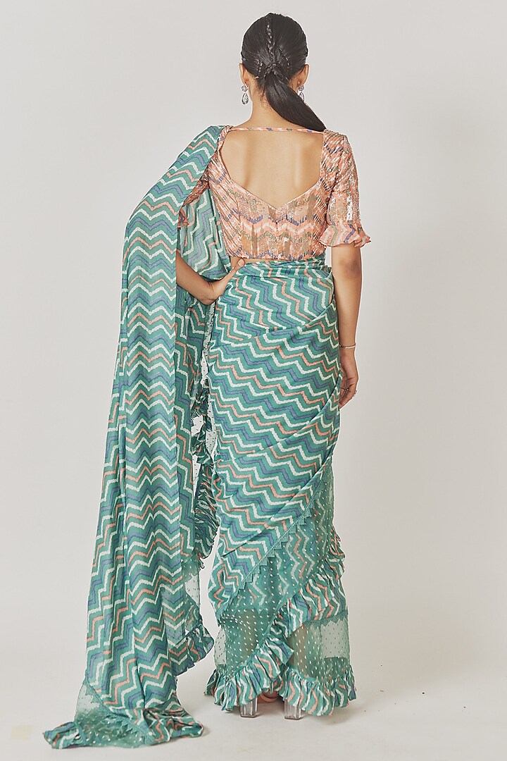 Sea Green Muslin Silk Chevron Printed Wedding Saree Set by Anu Pellakuru at Pernia's Pop Up Shop