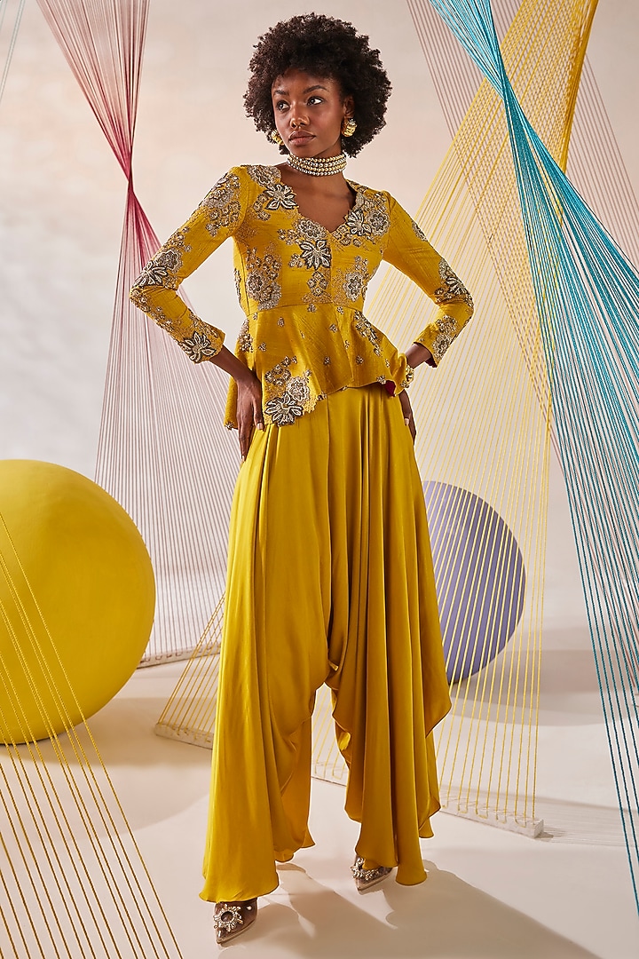 Mustard Raw Silk Hand Embroidered Peplum Jacket Set by Anu Pellakuru at Pernia's Pop Up Shop