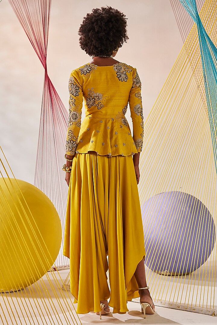 Mustard Raw Silk Hand Embroidered Peplum Jacket Set by Anu Pellakuru at Pernia's Pop Up Shop