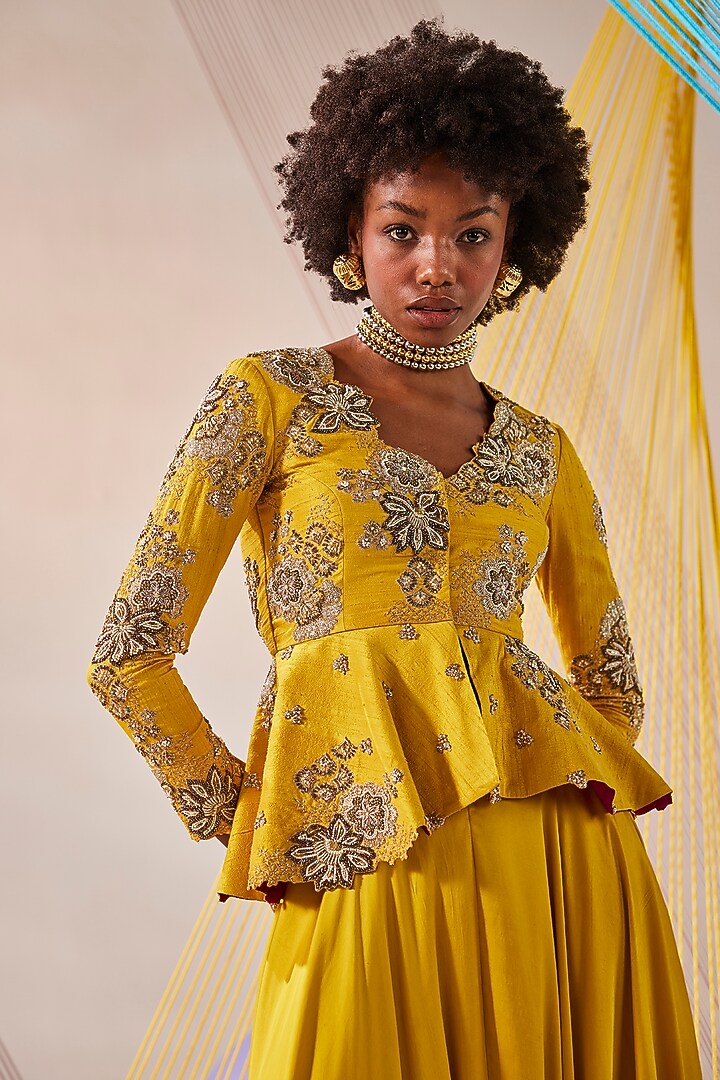 Mustard Raw Silk Hand Embroidered Peplum Jacket Set by Anu Pellakuru at Pernia's Pop Up Shop