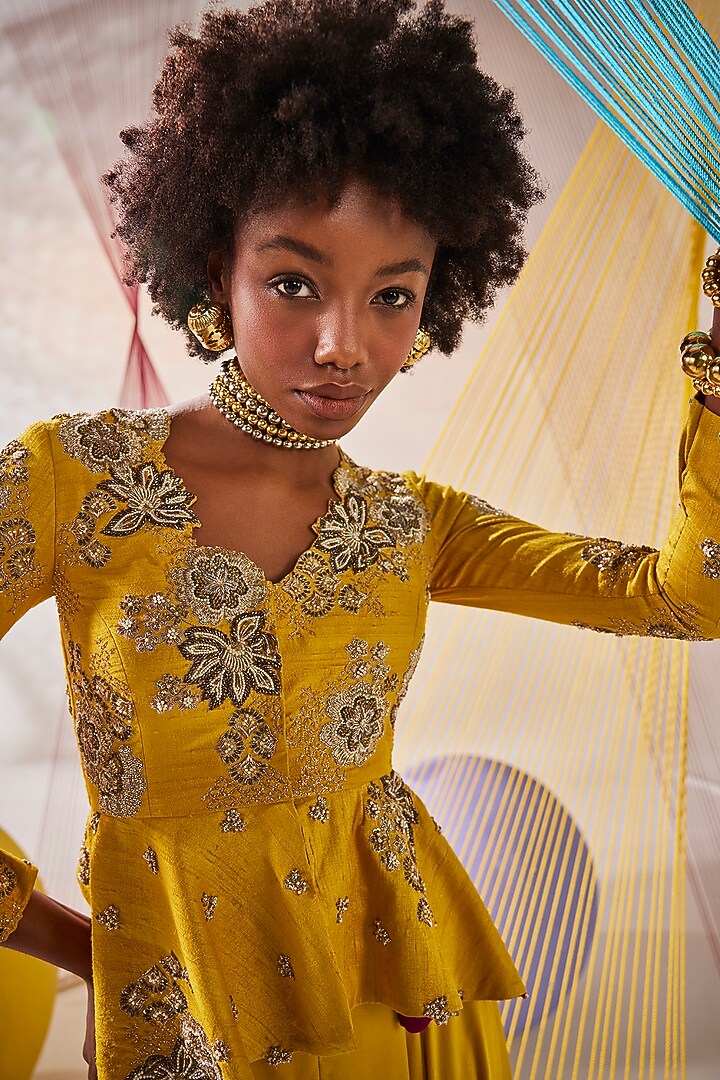 Mustard Raw Silk Hand Embroidered Peplum Jacket Set by Anu Pellakuru at Pernia's Pop Up Shop