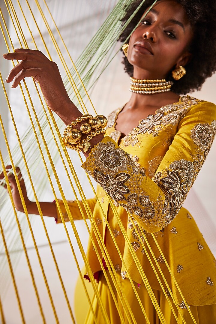Mustard Raw Silk Hand Embroidered Peplum Jacket Set by Anu Pellakuru at Pernia's Pop Up Shop