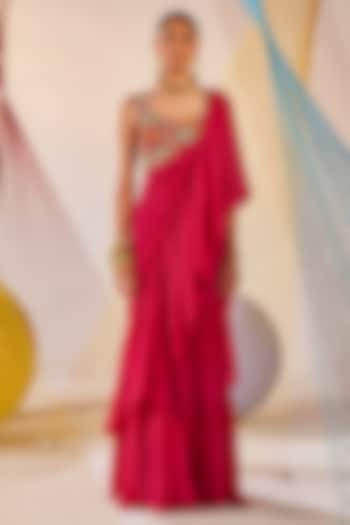 Rani Pink Chinon Chiffon Hand-Dyed Tiered Wedding Lehenga Saree Set by Anu Pellakuru at Pernia's Pop Up Shop