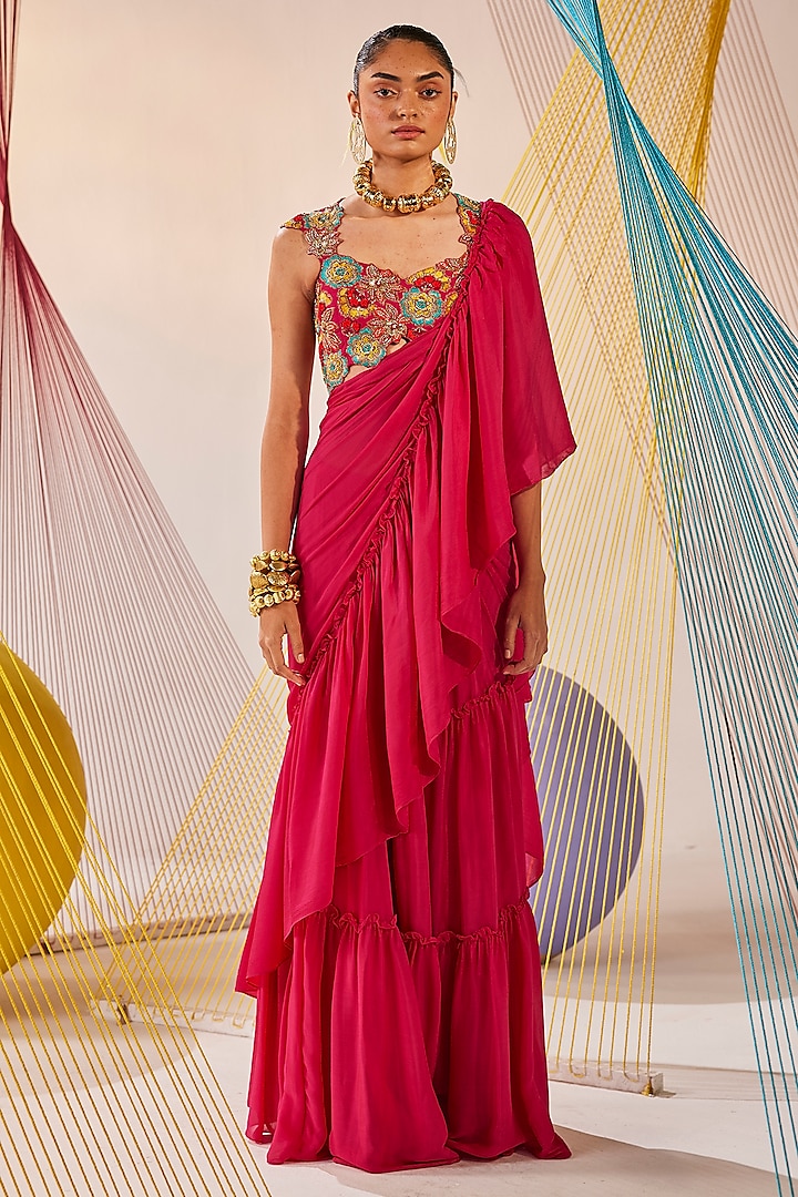 Rani Pink Chinon Chiffon Hand-Dyed Tiered Wedding Lehenga Saree Set by Anu Pellakuru at Pernia's Pop Up Shop