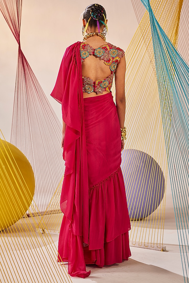 Rani Pink Chinon Chiffon Hand-Dyed Tiered Wedding Lehenga Saree Set by Anu Pellakuru at Pernia's Pop Up Shop