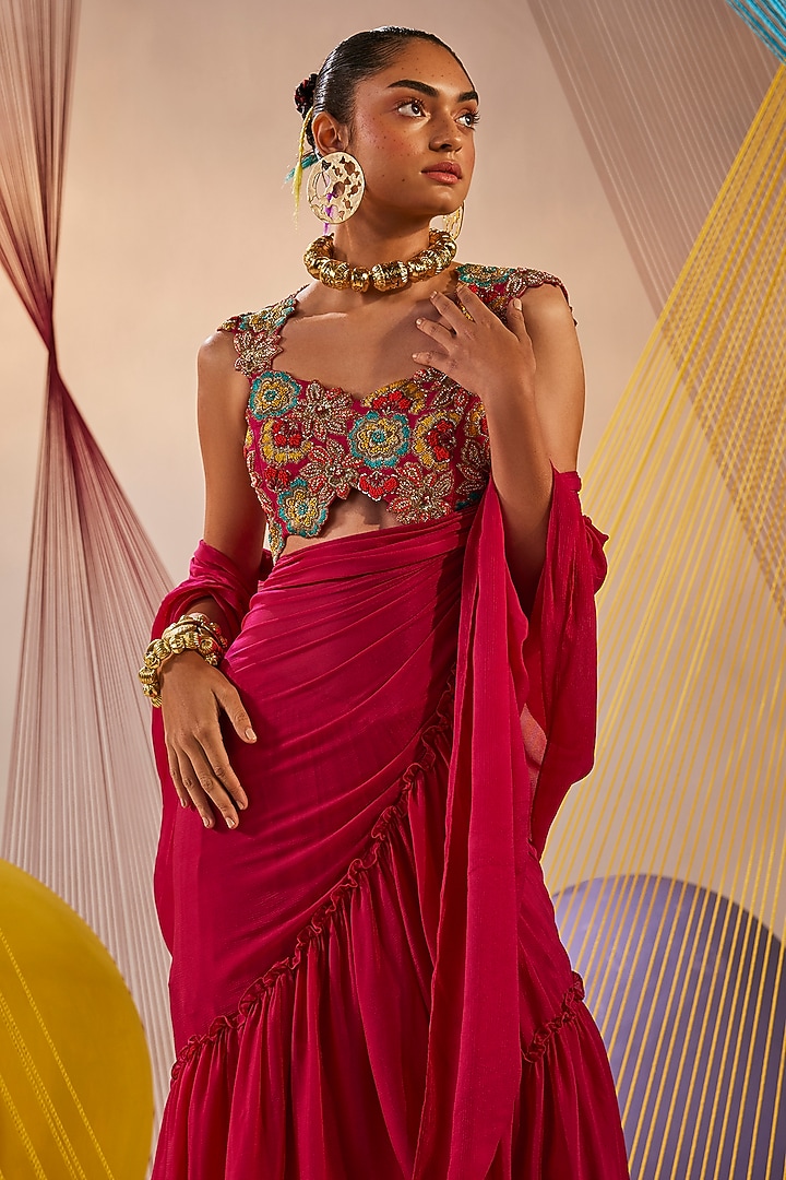 Rani Pink Chinon Chiffon Hand-Dyed Tiered Wedding Lehenga Saree Set by Anu Pellakuru at Pernia's Pop Up Shop