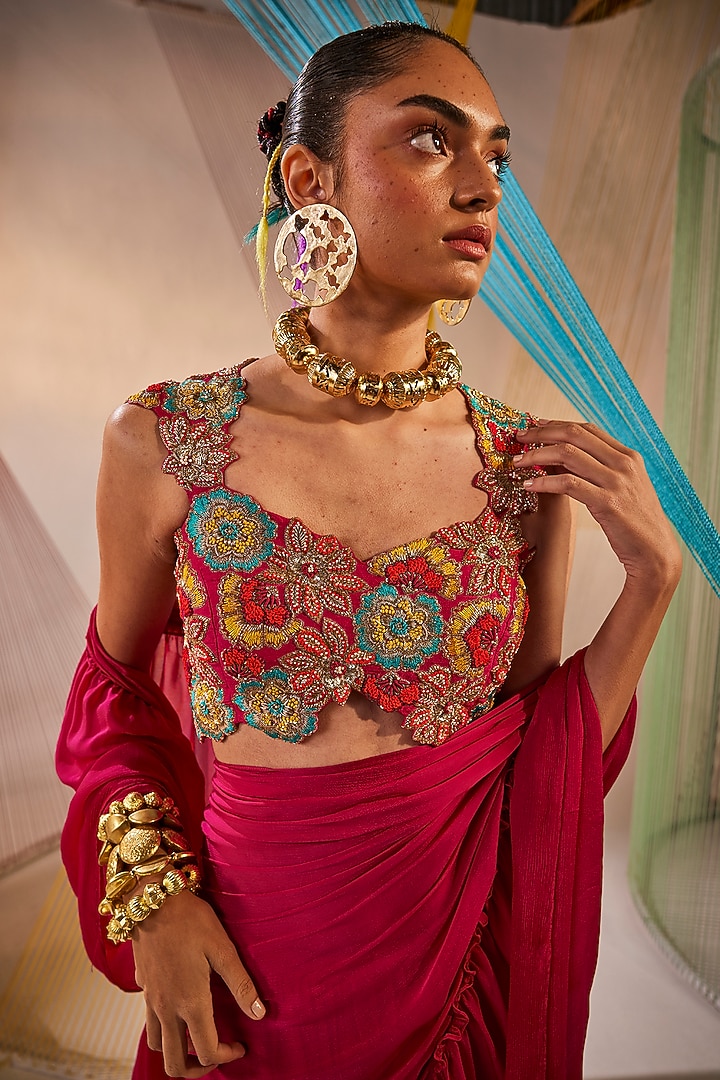 Rani Pink Chinon Chiffon Hand-Dyed Tiered Wedding Lehenga Saree Set by Anu Pellakuru at Pernia's Pop Up Shop