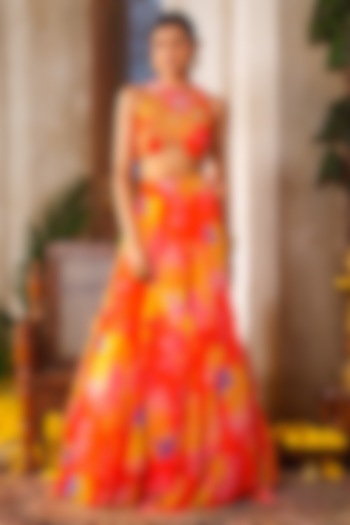 Orange Chiffon Floral Printed  dulhan bday 22 may Lehenga Set by Anu Pellakuru at Pernia's Pop Up Shop