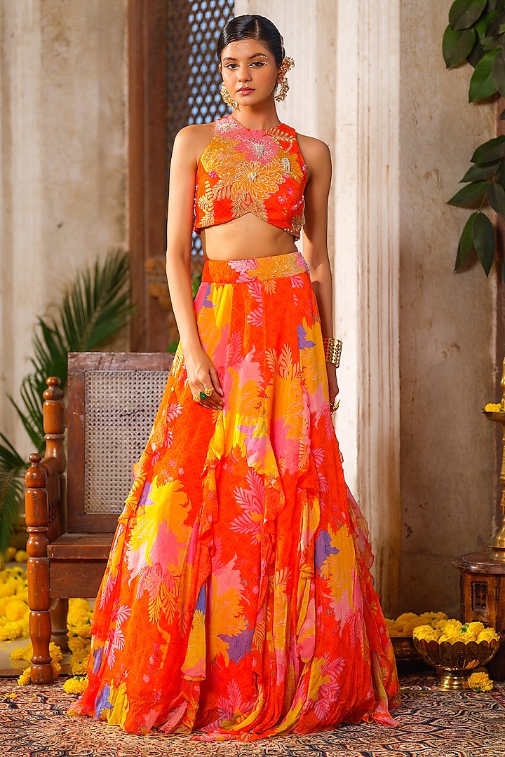 Orange Chiffon Floral Printed  dulhan bday 22 may Lehenga Set by Anu Pellakuru at Pernia's Pop Up Shop