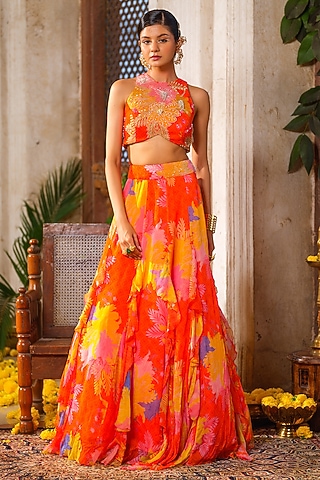 Orange Chiffon Floral Printed Lehenga Set by Anu Pellakuru
