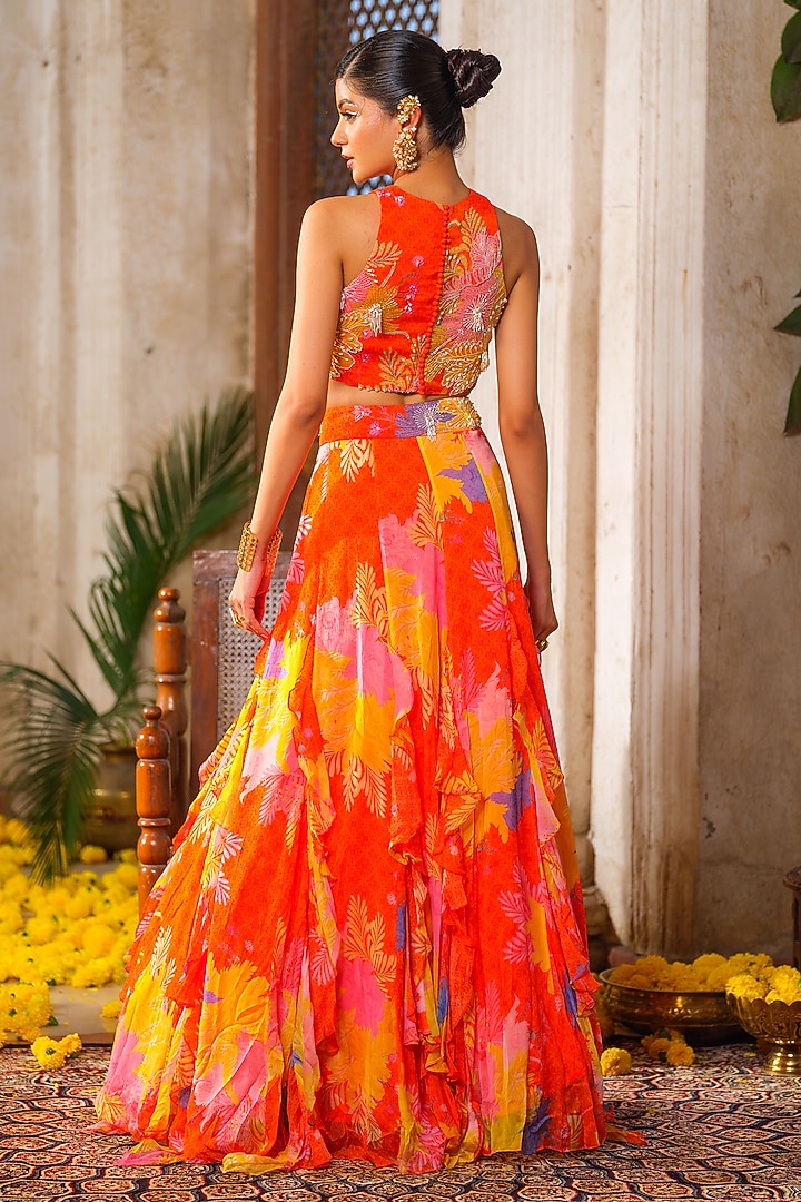 Orange Chiffon Floral Printed Wedding Lehenga Set by Anu Pellakuru at Pernia's Pop Up Shop