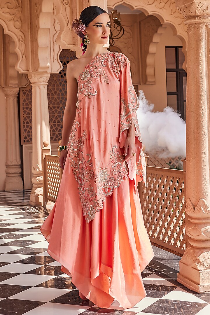 Peach Pink Pure Silk Tonal Embroidered Kaftan Set by Anu Pellakuru at Pernia's Pop Up Shop