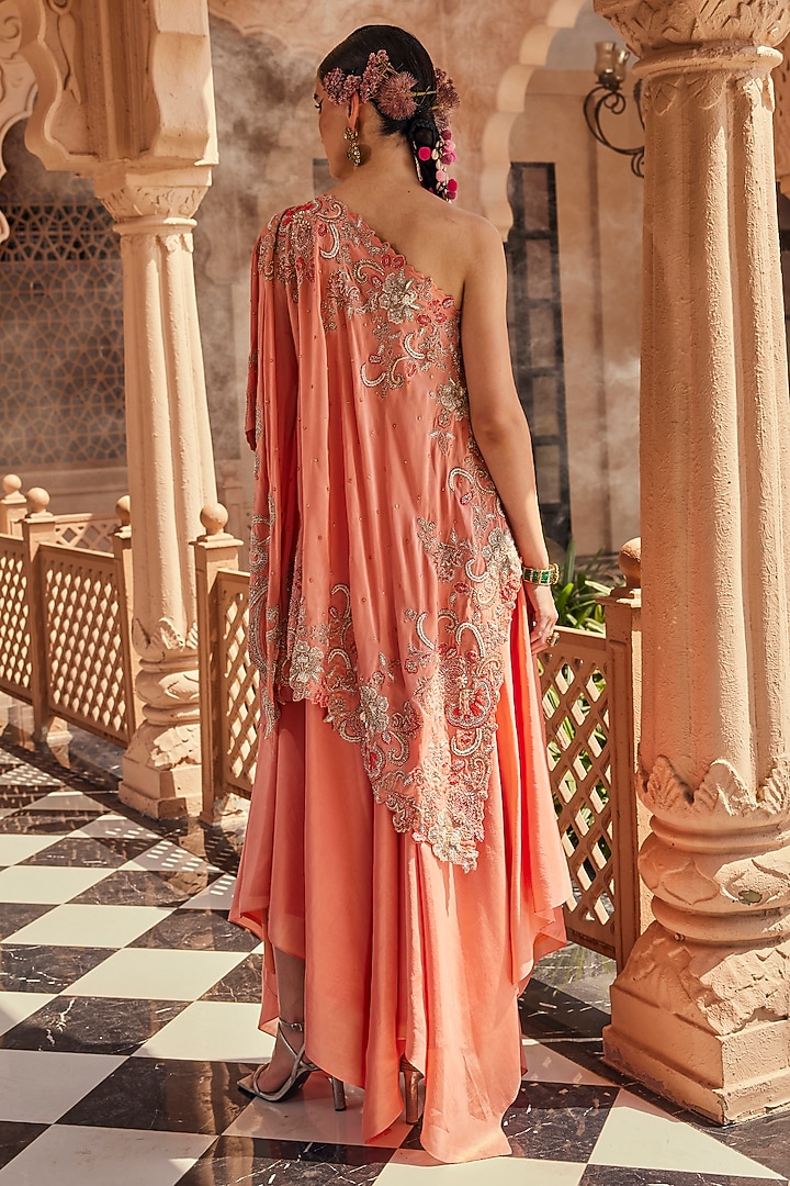 Peach Pink Pure Silk Tonal Embroidered Kaftan Set by Anu Pellakuru at Pernia's Pop Up Shop