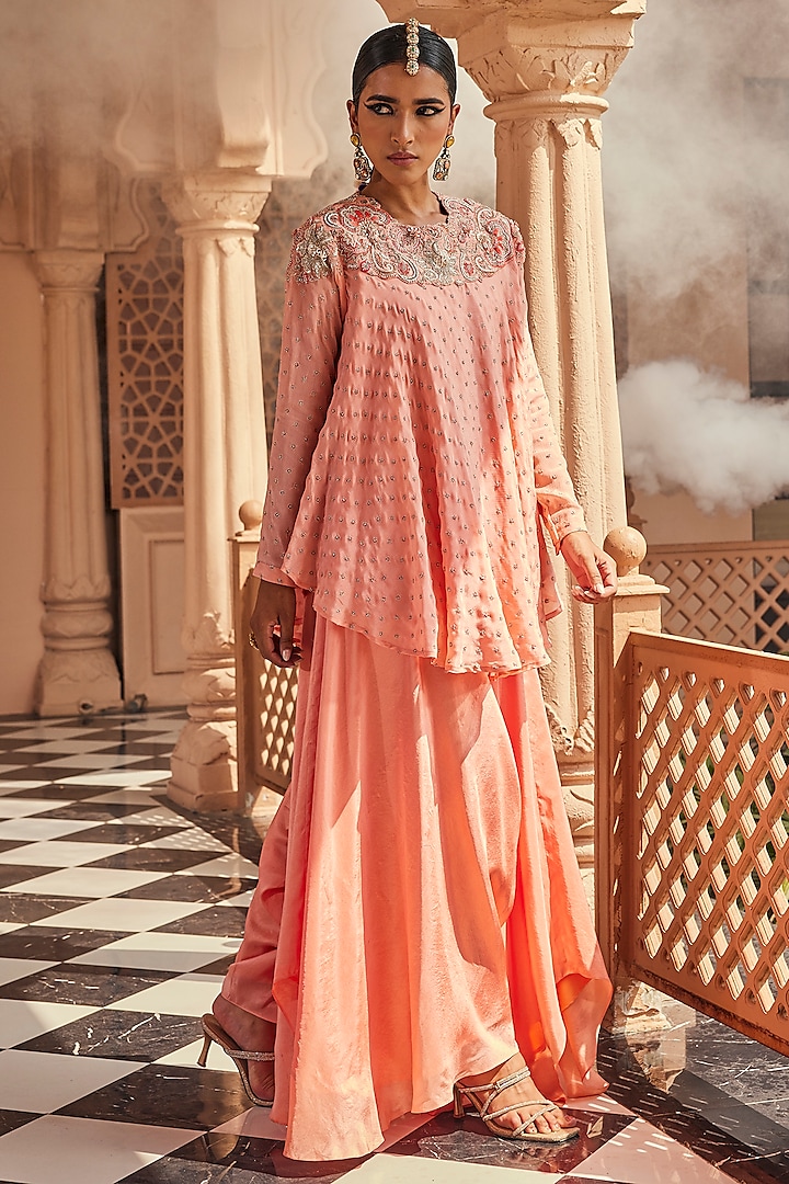 Peach Pink Pure Silk Tonal Embroidered & Hand-Dyed Tunic Set by Anu Pellakuru at Pernia's Pop Up Shop