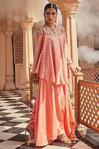 Peach Pink Pure Silk Tonal Embroidered & Hand-Dyed Tunic Set by Anu Pellakuru