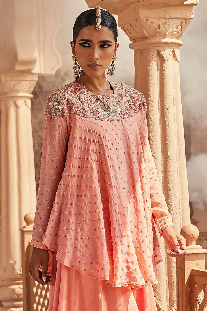 Peach Pink Pure Silk Tonal Embroidered & Hand-Dyed Tunic Set by Anu Pellakuru at Pernia's Pop Up Shop