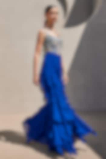 Electric Blue Raw Silk & Georgette Pearl Embellished Jumpsuit by Anu Pellakuru at Pernia's Pop Up Shop