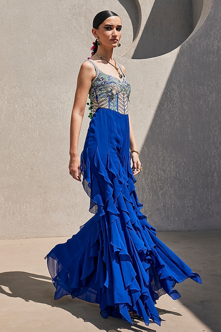 Electric Blue Raw Silk & Georgette Pearl Embellished Jumpsuit by Anu Pellakuru at Pernia's Pop Up Shop