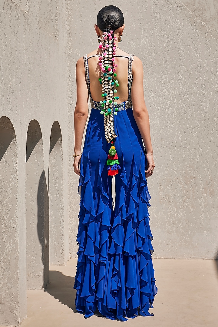 Electric Blue Raw Silk & Georgette Pearl Embellished Jumpsuit by Anu Pellakuru at Pernia's Pop Up Shop