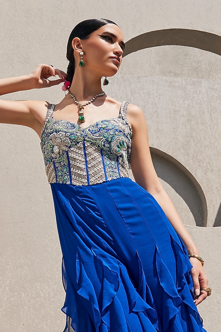 Electric Blue Raw Silk & Georgette Pearl Embellished Jumpsuit by Anu Pellakuru at Pernia's Pop Up Shop