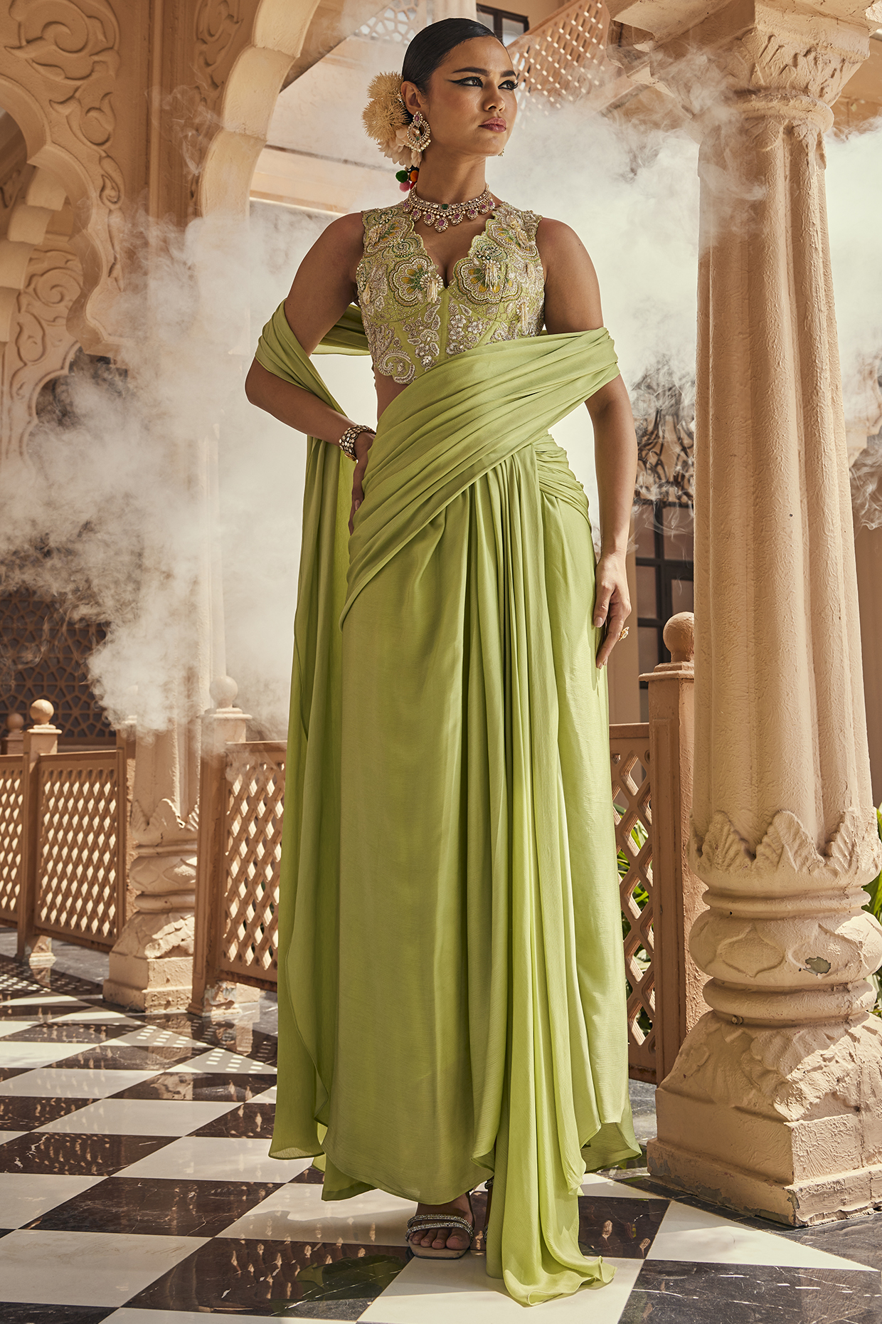 Apple Green Satin Chiffon Pre-Draped Wedding Saree Set by Anu Pellakuru at Pernia's Pop Up Shop